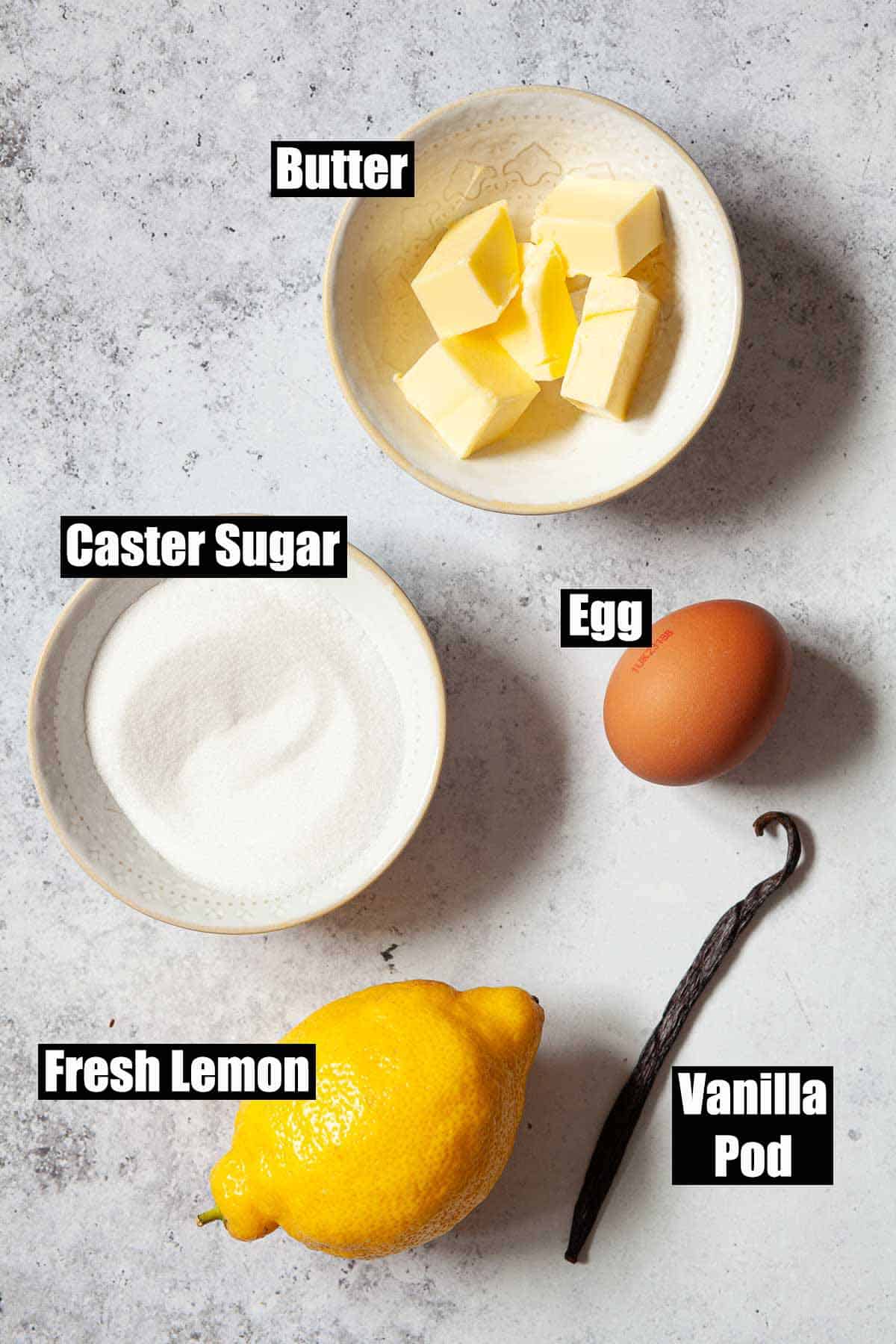 Ingredients for a fruit spread with text overlay.