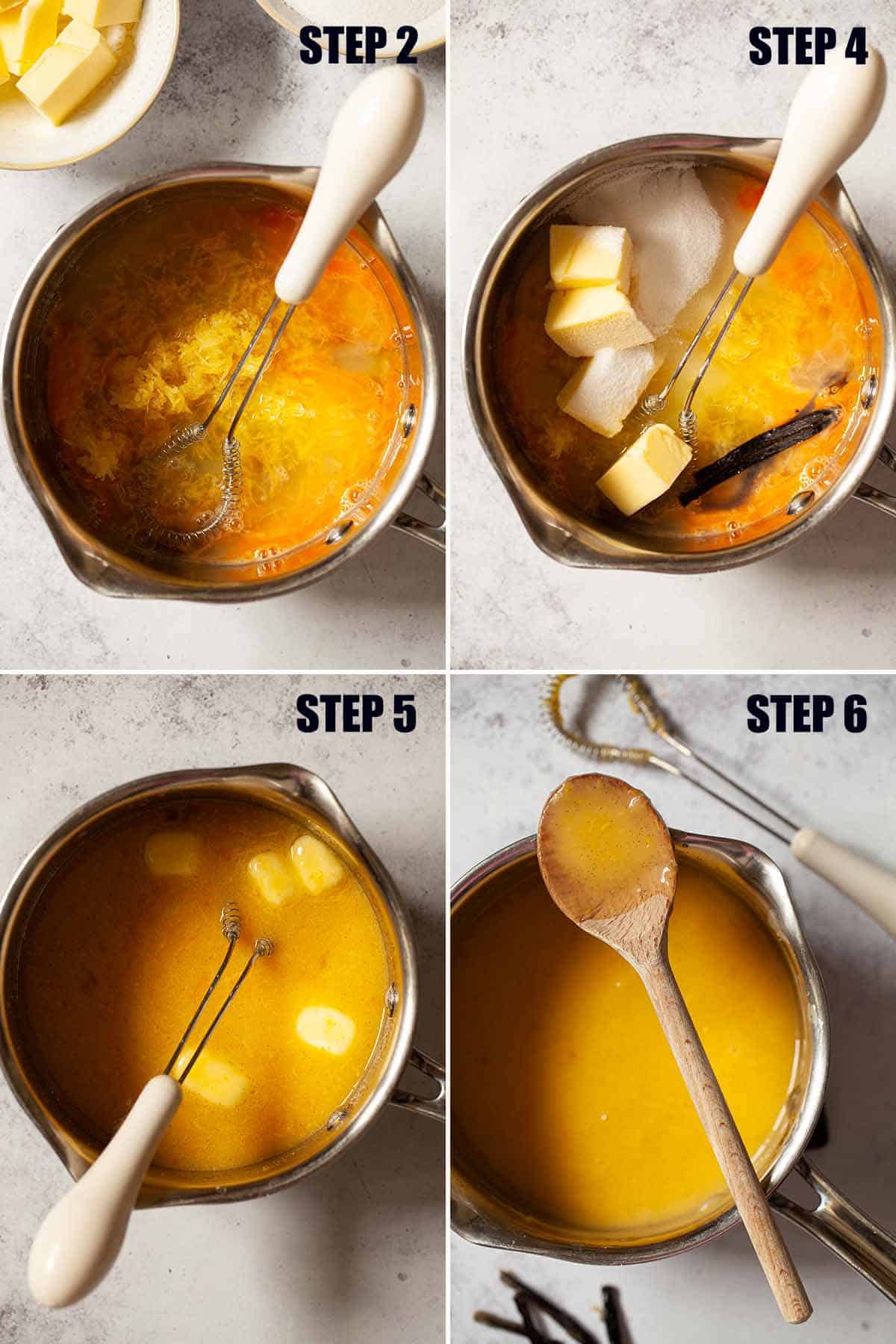 Step by step images for making fruit curd.