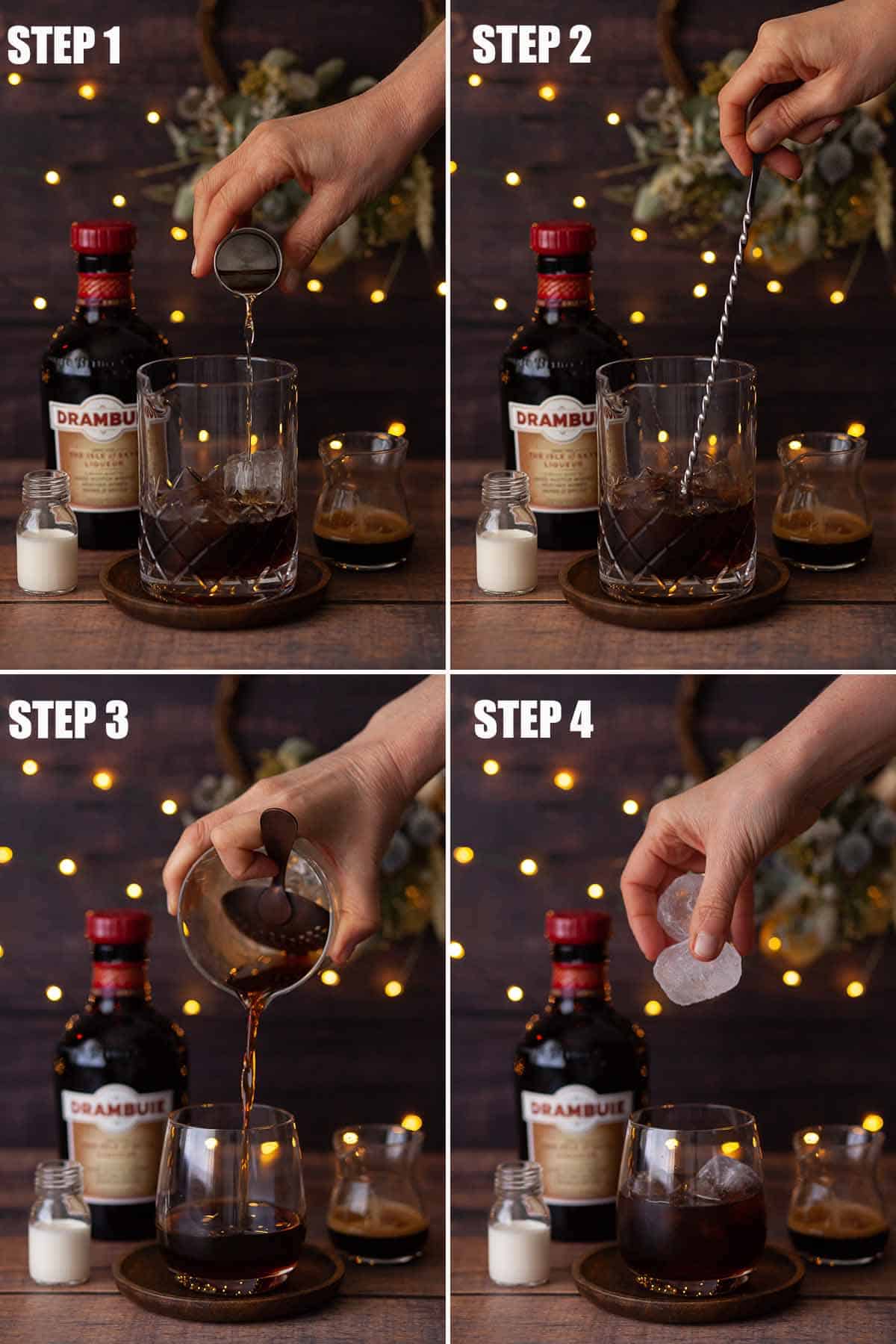 Collage of images showing an alcoholic drink being made.