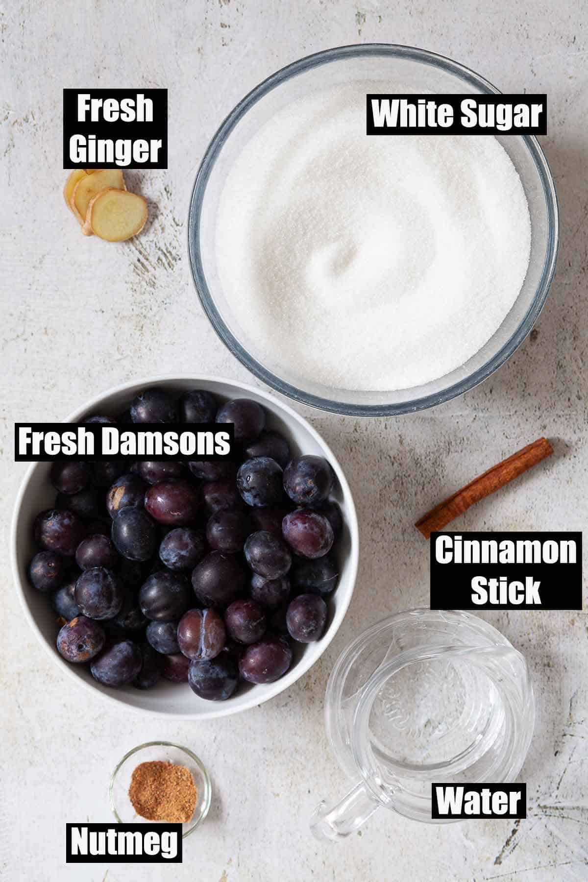 Ingredients for damson preserve with text labels.