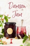 Jars of damson jam with text overlay.