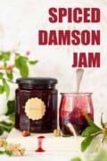 Jars of damson jam with text overlay.