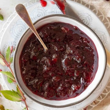 Close-up of damson jam in a bowl.