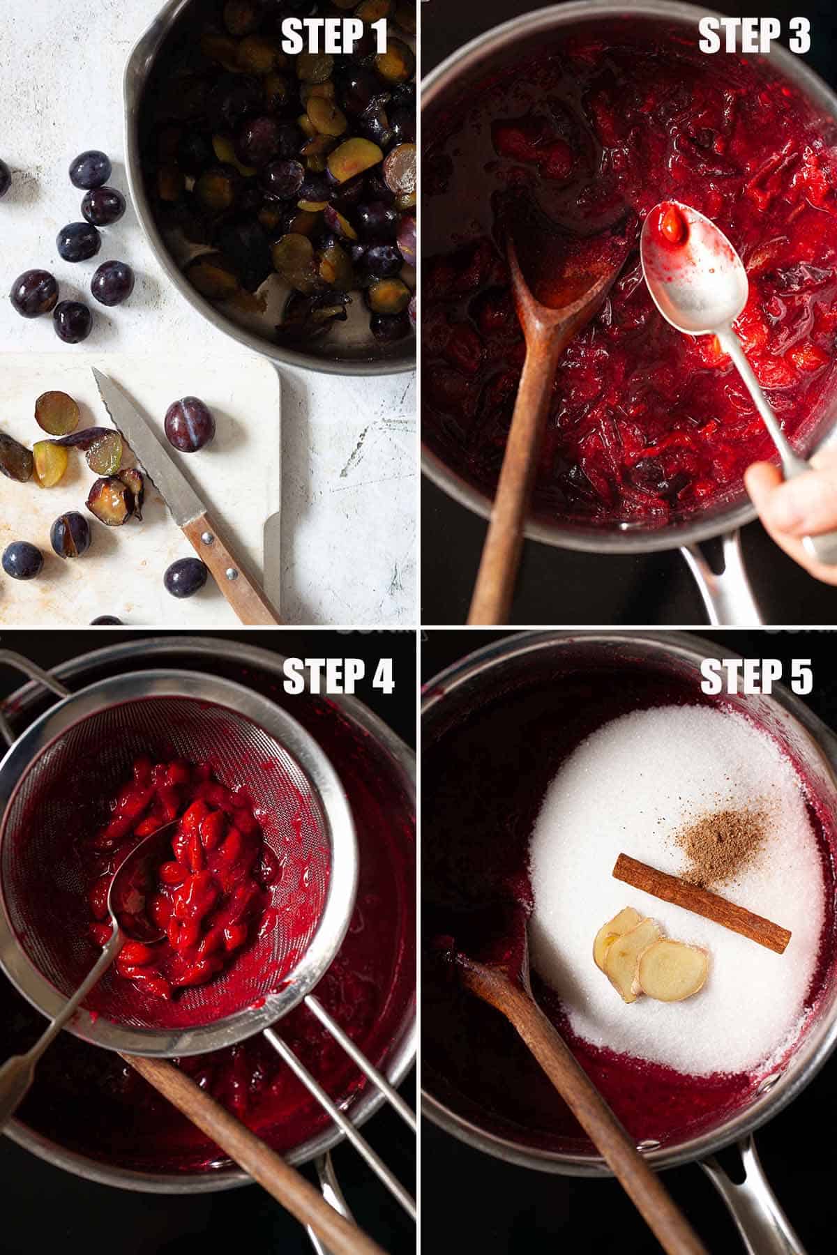 Process images of fruit preserve being made.
