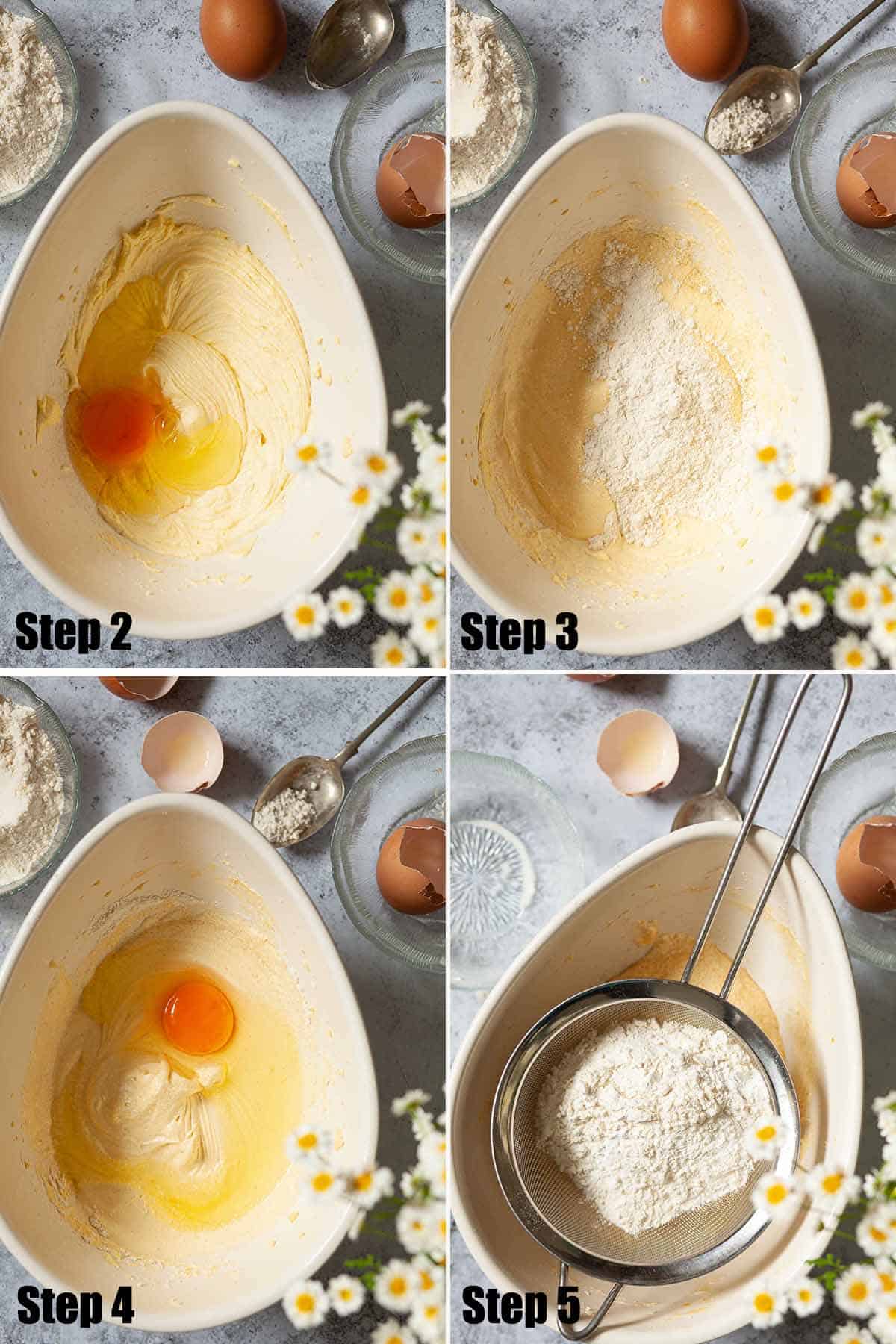 Collage of images showing mixing of sweet batter for small buns.