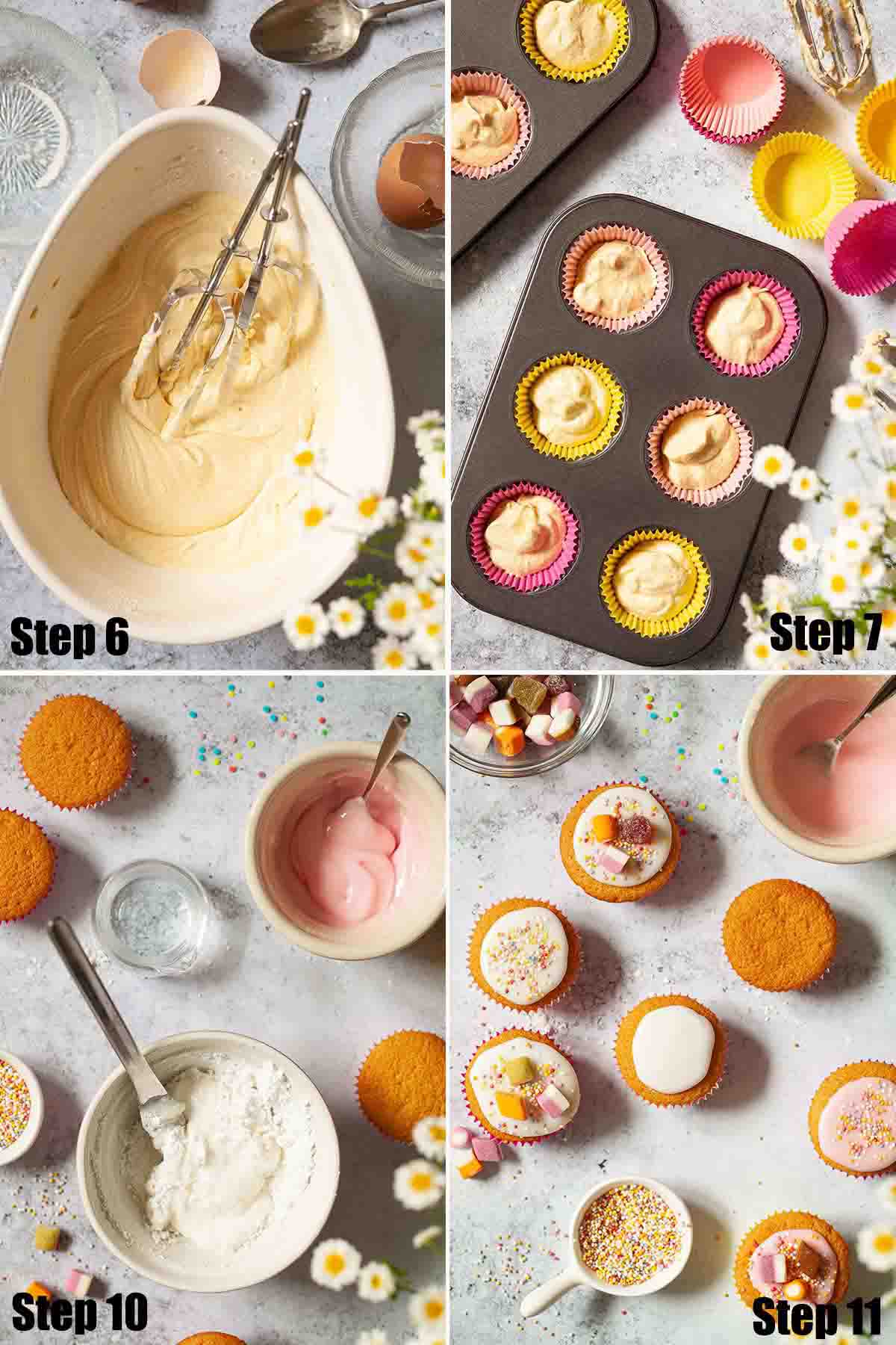 Collage of images showing fairy cakes being made and decorated.