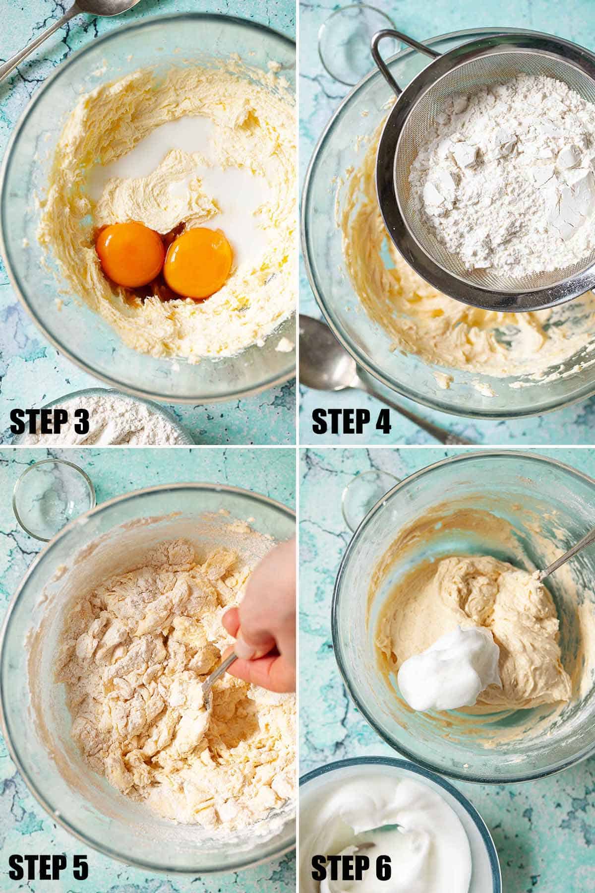 Collage of images showing sponge batter being made.