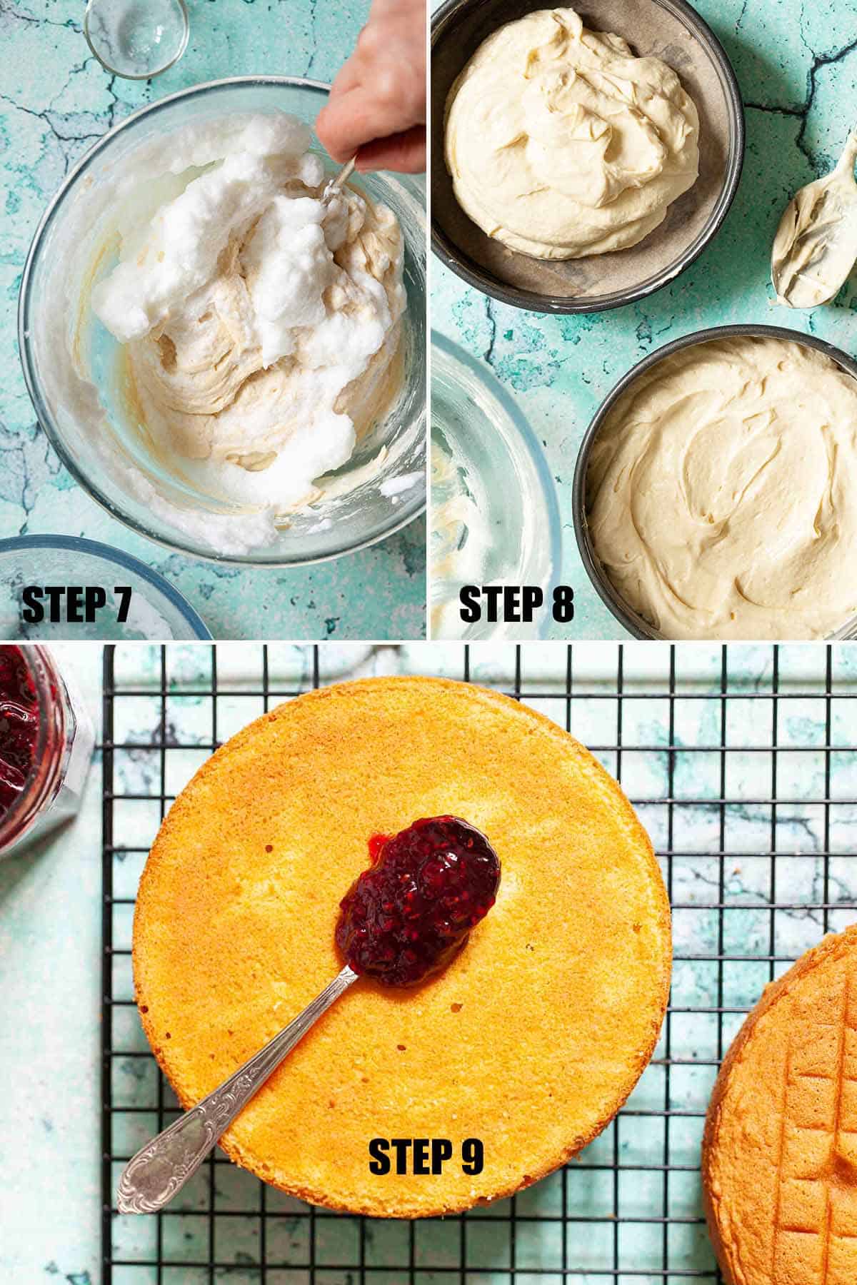 Collage of images showing a small sponge cake being made.