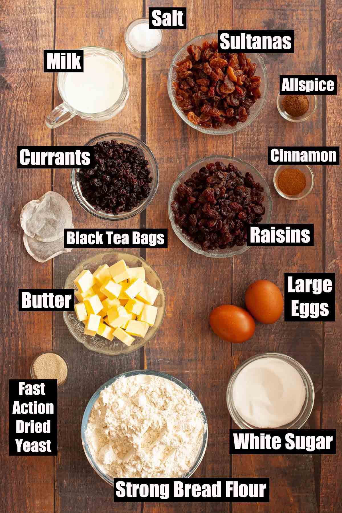 Labelled ingredients for a dried fruit loaf.