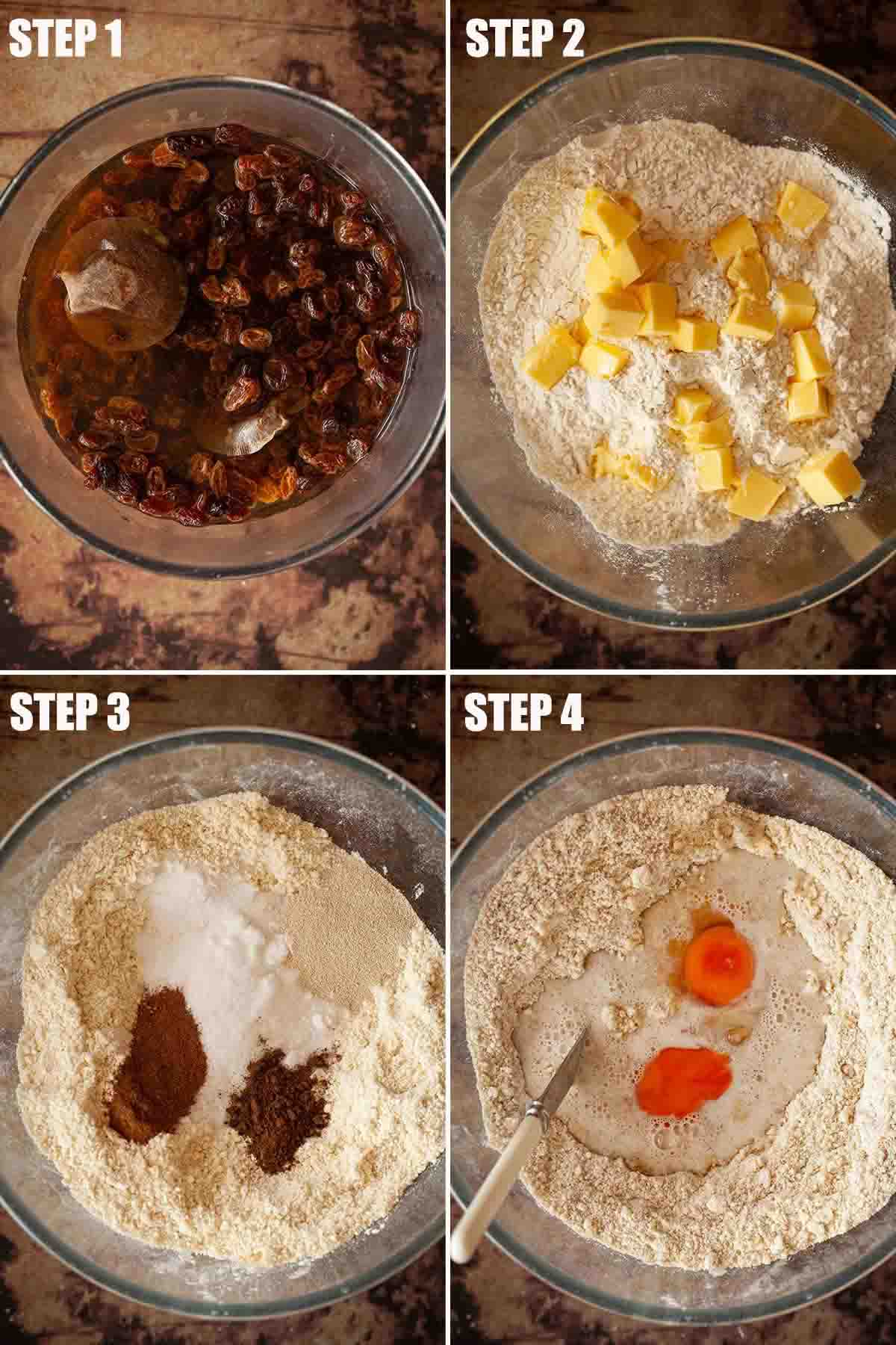 Collage of images showing a dried fruit loaf being made.