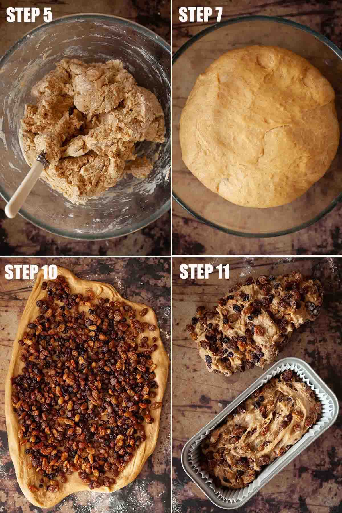 Collage of images showing a dried fruit loaf being made.