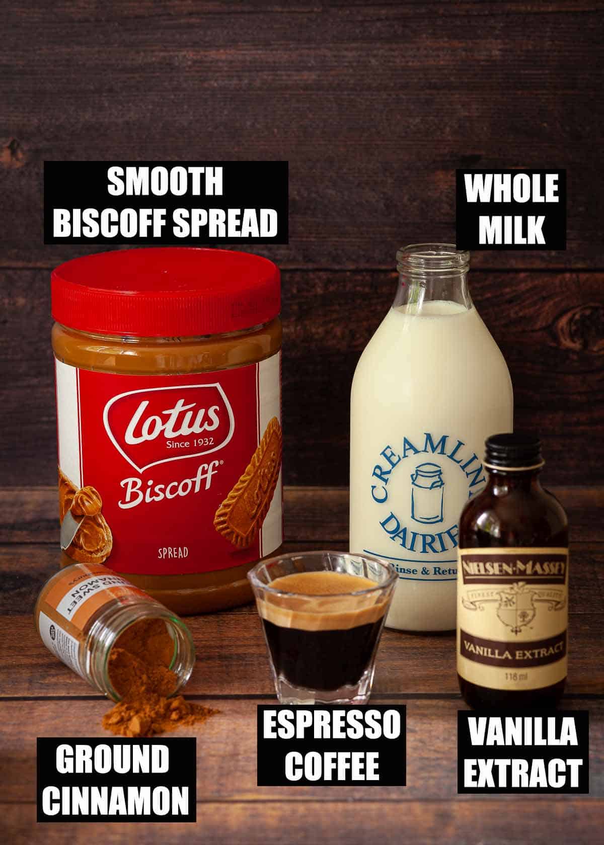 Labelled ingredients for a cookie butter latte recipe.