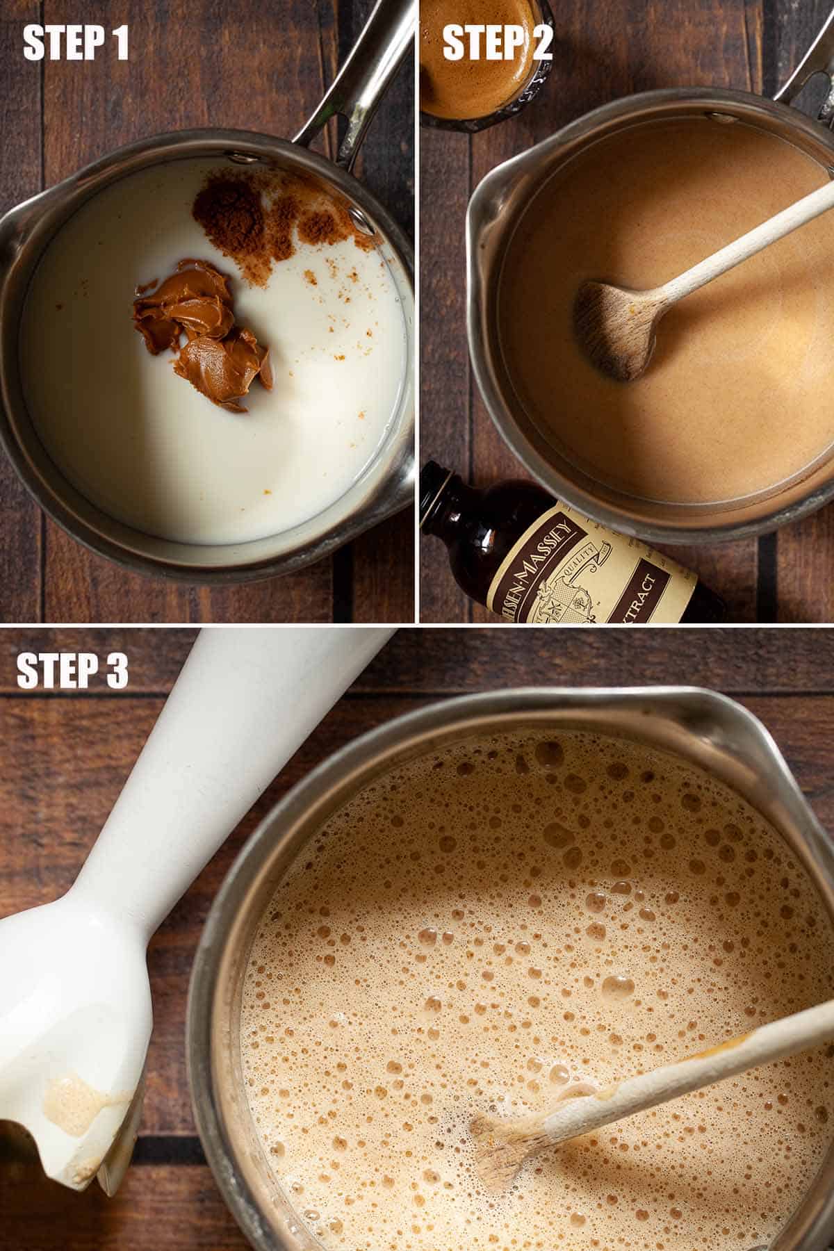 Process images for making a milky Biscoff coffee drink.