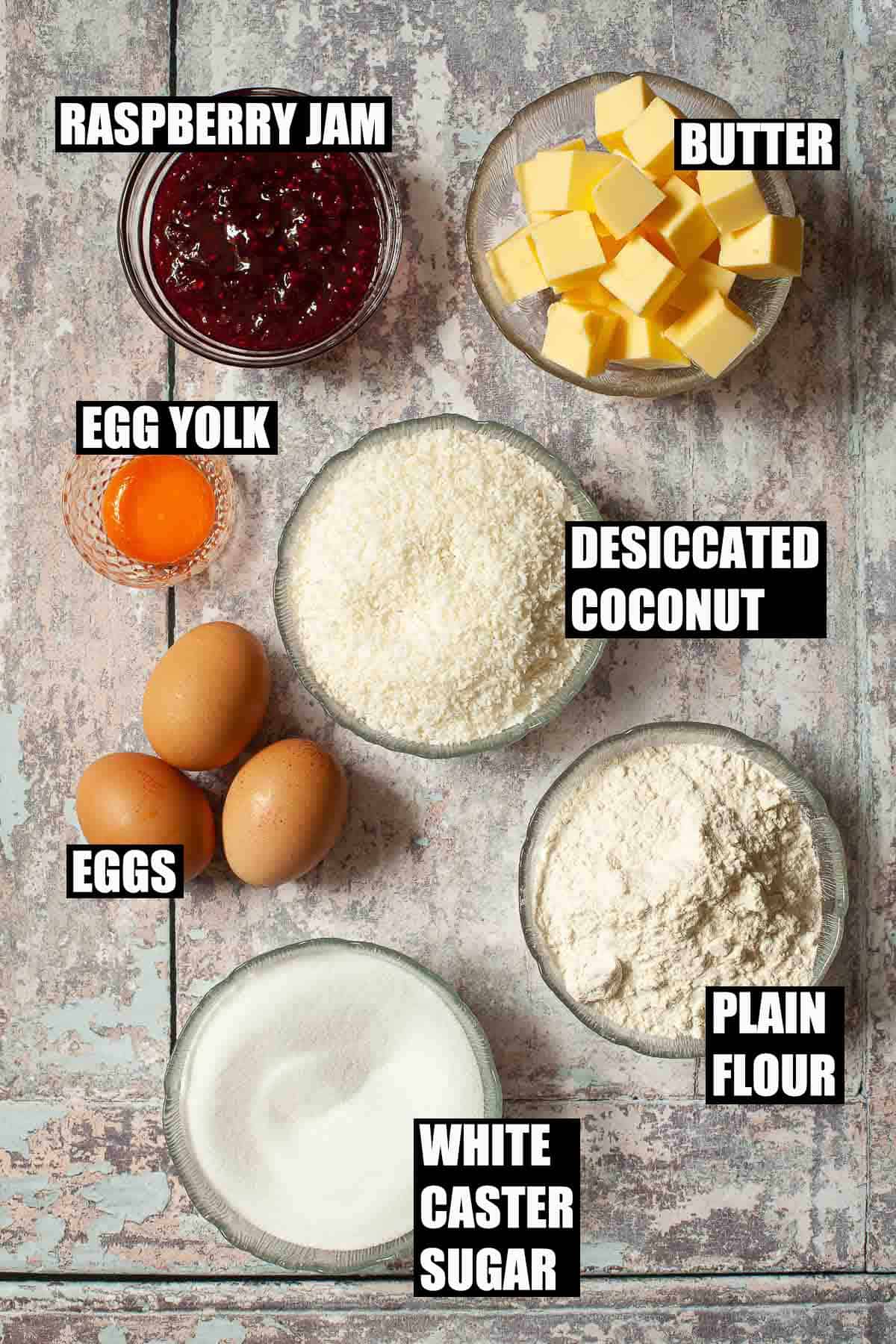 Ingredients with text overlay for a jam dessert.