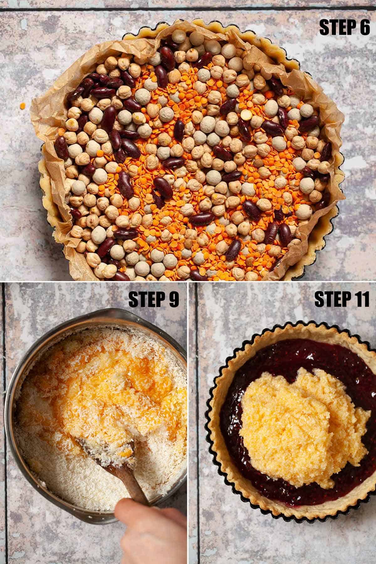 Collage of images showing a pastry case being filled.