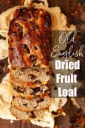 Lincolnshire dried fruit loaf with text overlay.