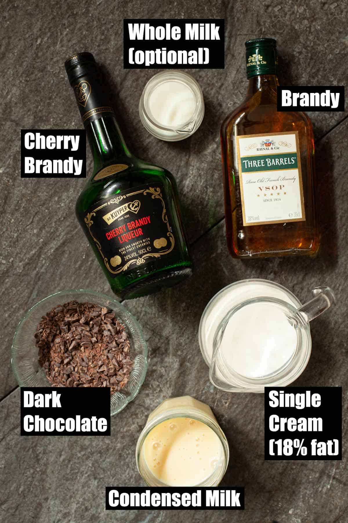 Labelled ingredients for Black Forest chocolate liqueur recipe.