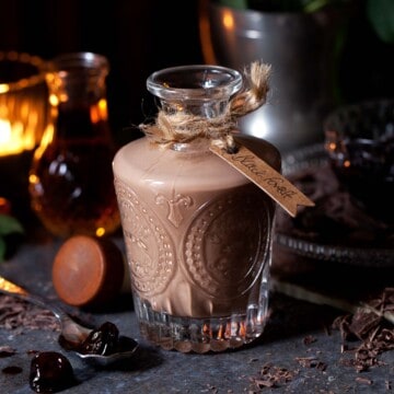 Close up of a bottle of Black Forest cherry and chocolate liqueur.