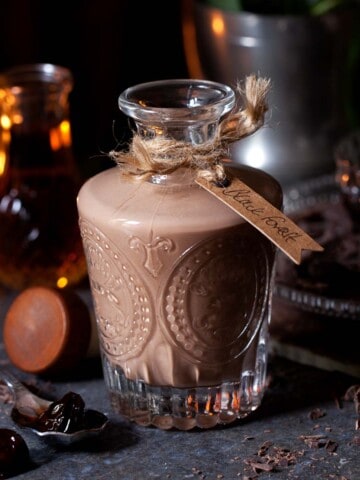 Close up of a bottle of Black Forest cherry and chocolate liqueur.