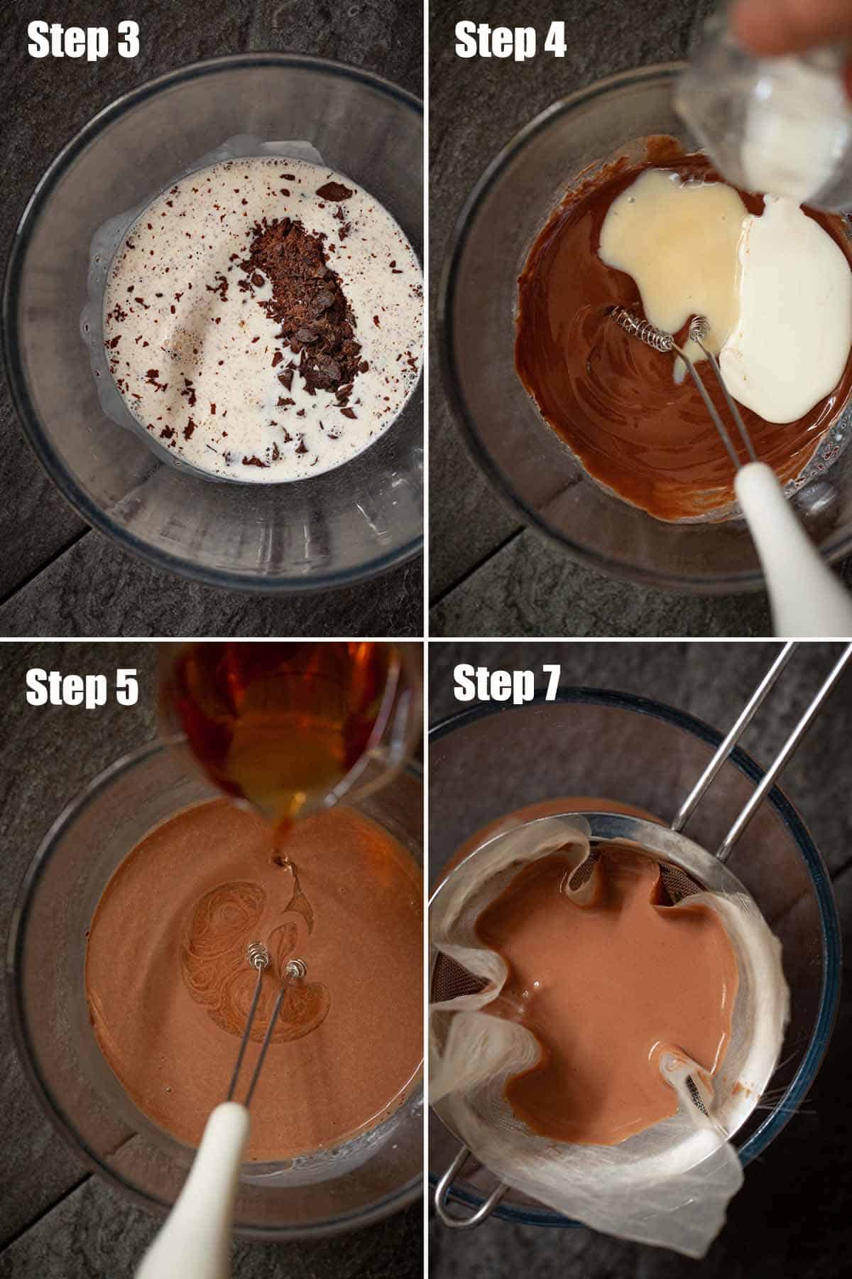 Collage of images showing chocolate cream liqueur being made.