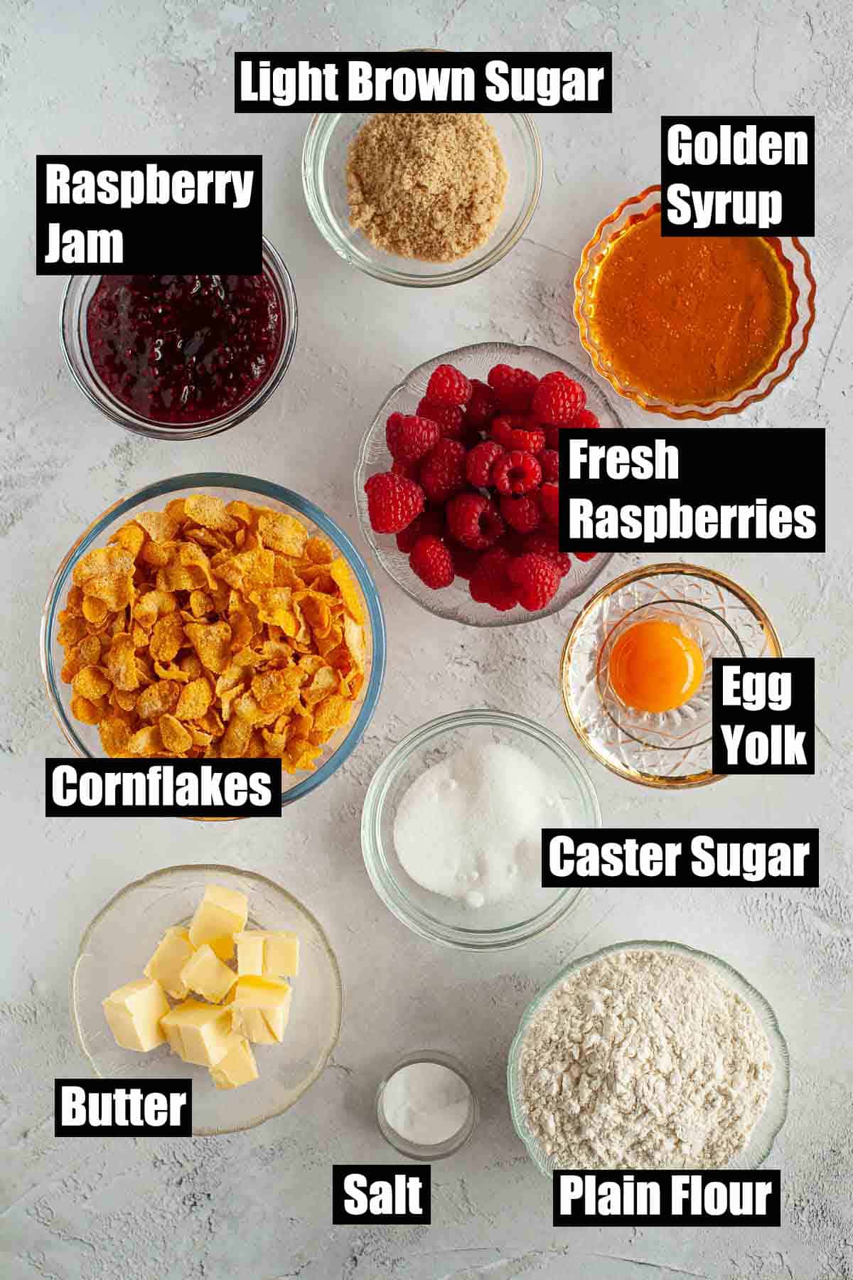 Labelled ingredients for a classic British school dinner pudding.