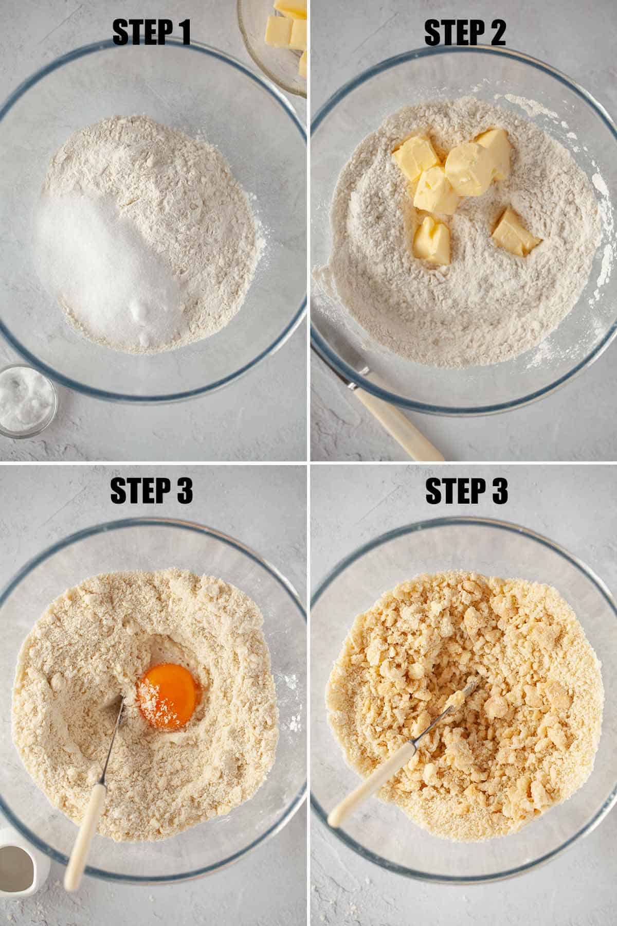 Collage of images showing shortcrust pastry being made.