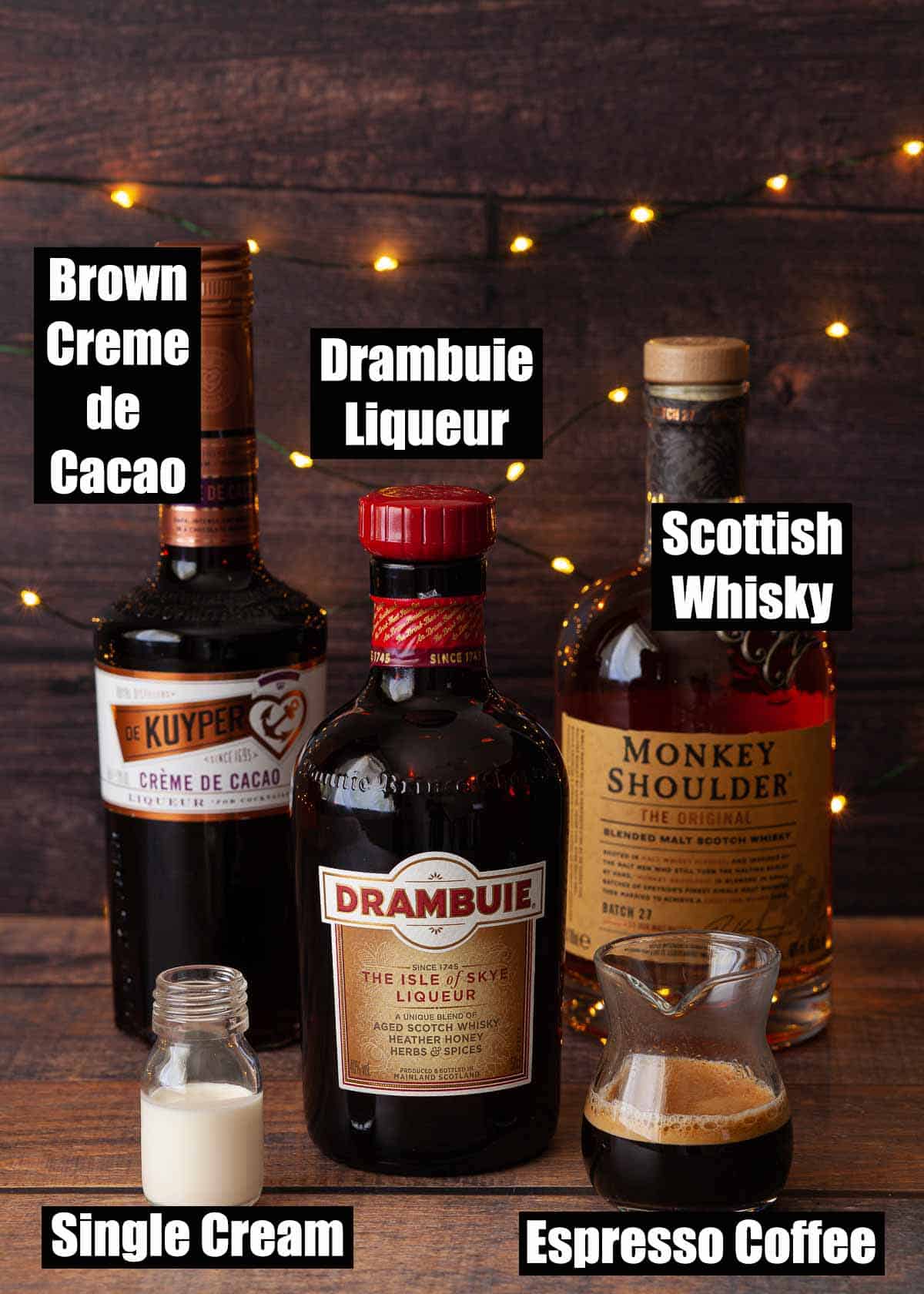 Ingredients for a coffee crème Burns Night cocktail with Drambuie