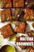 Squares of matcha cheesecake brownies with text overlay.