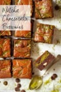 Squares of matcha cheesecake brownies with text overlay.