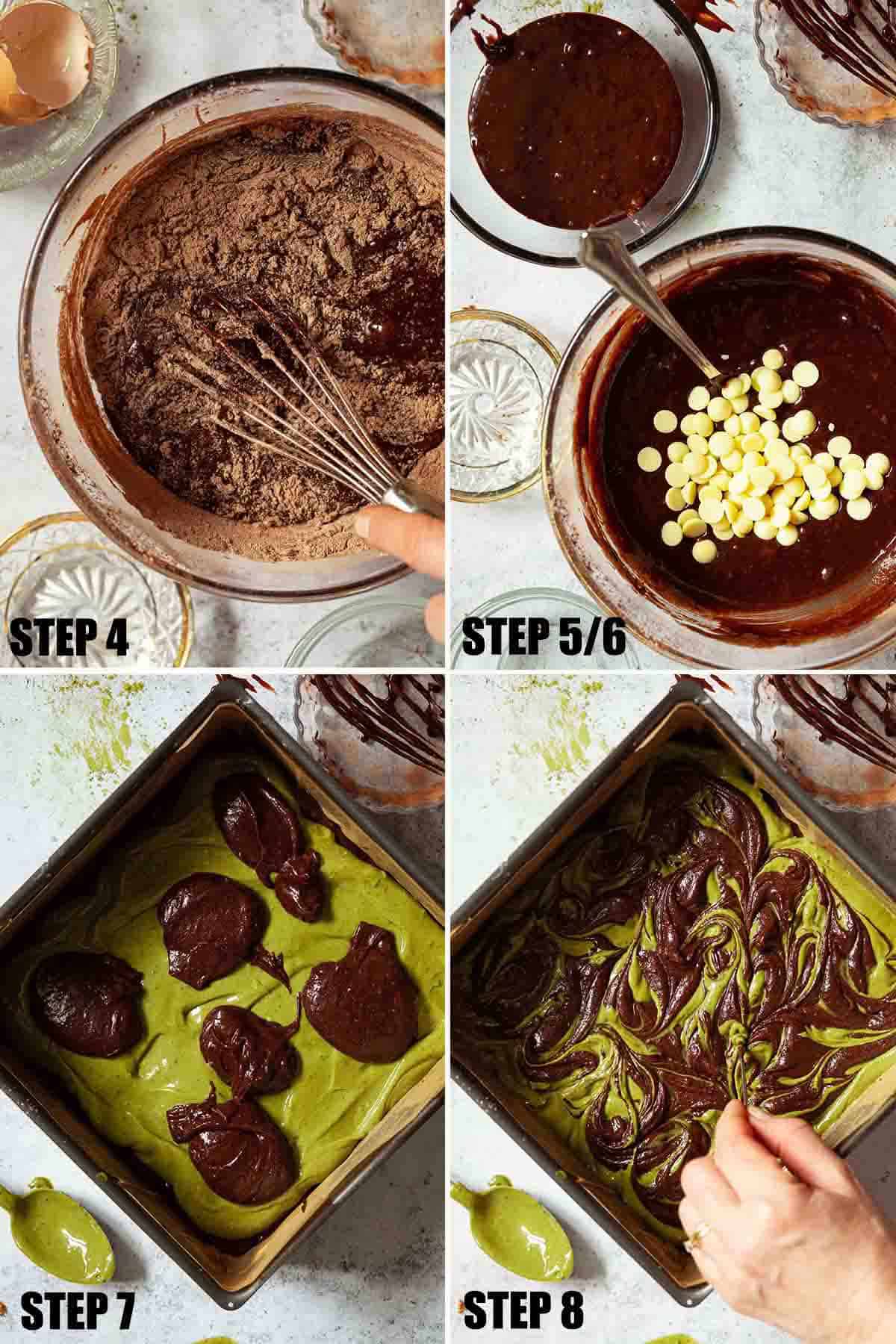 Collage of images showing a green tea and chocolate traybake being made.