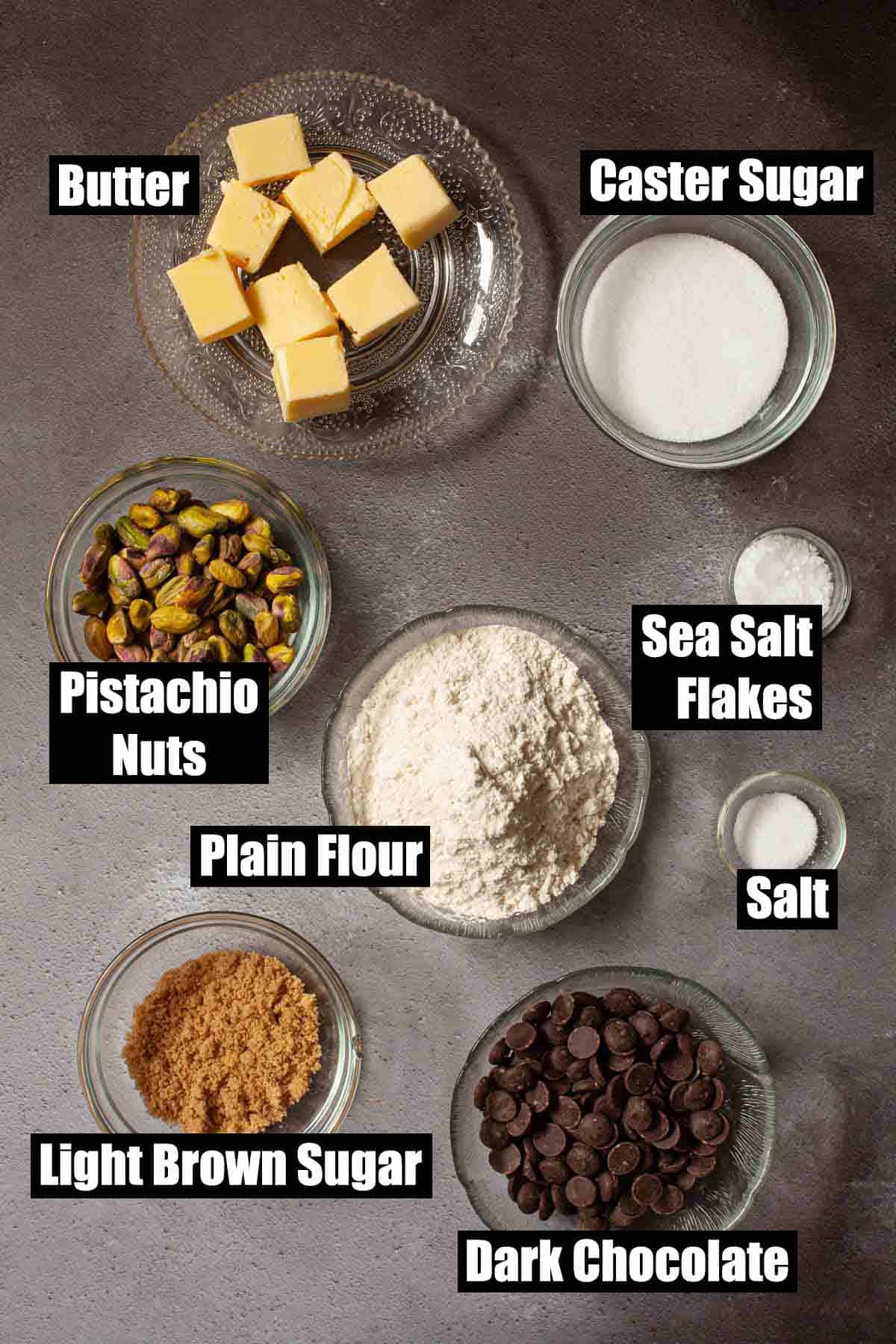 Labelled ingredients for dark chocolate sea salt and pistachio shortbread cookies.