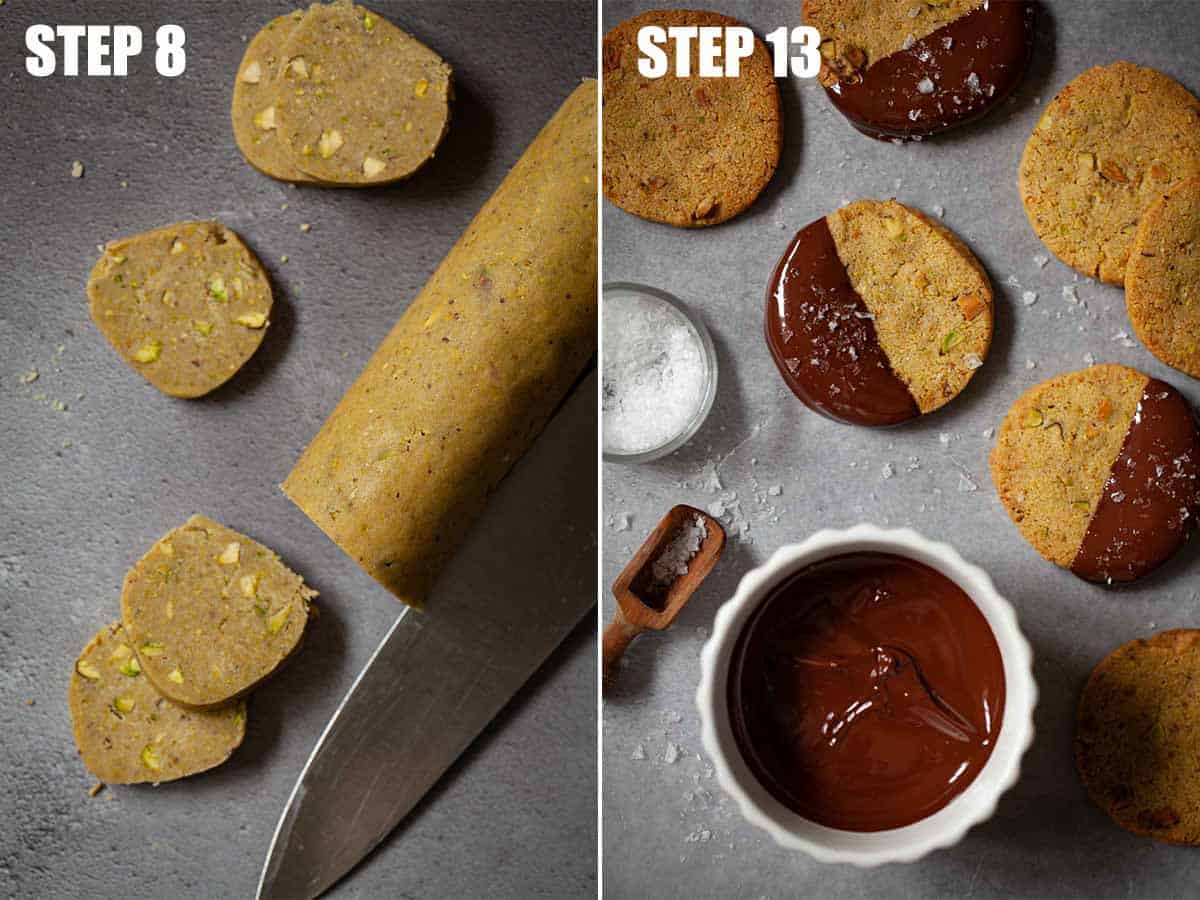 Collage of images showing dark chocolate sea salt cookies being made.