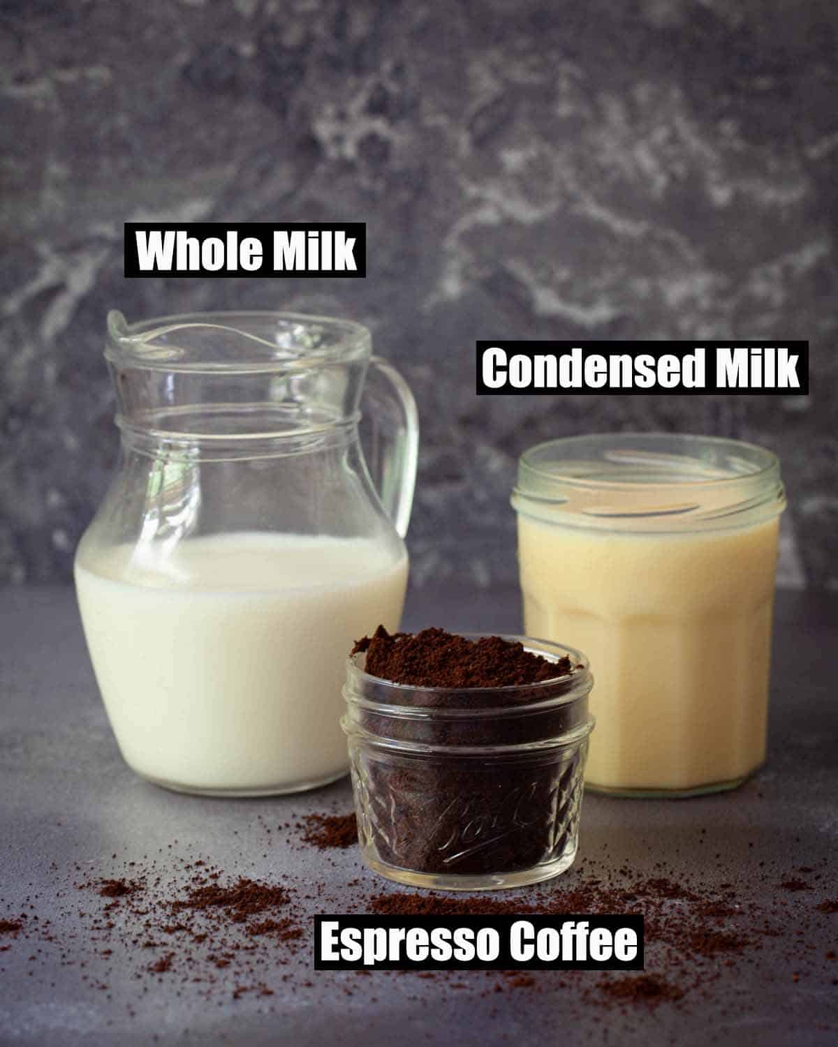 Labelled ingredients for café con leche drink.