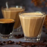 Close up of Spanish latte drinks and an espresso shot.