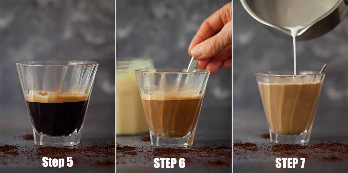Collage of images showing café con leche being made.