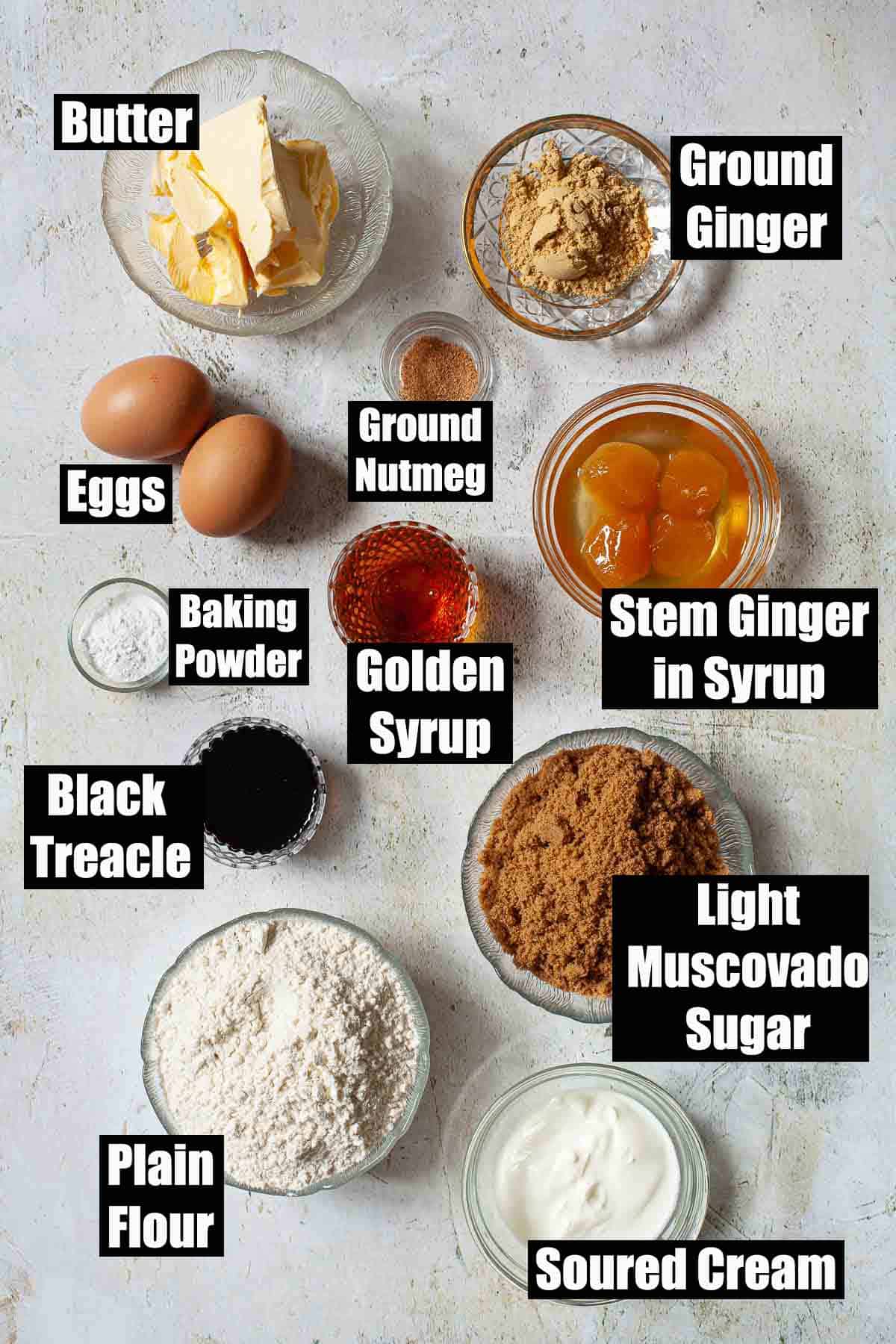 Labelled ingredients for a sweetly spiced bake.