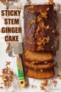 Ginger loaf cake sliced up with text overlay.