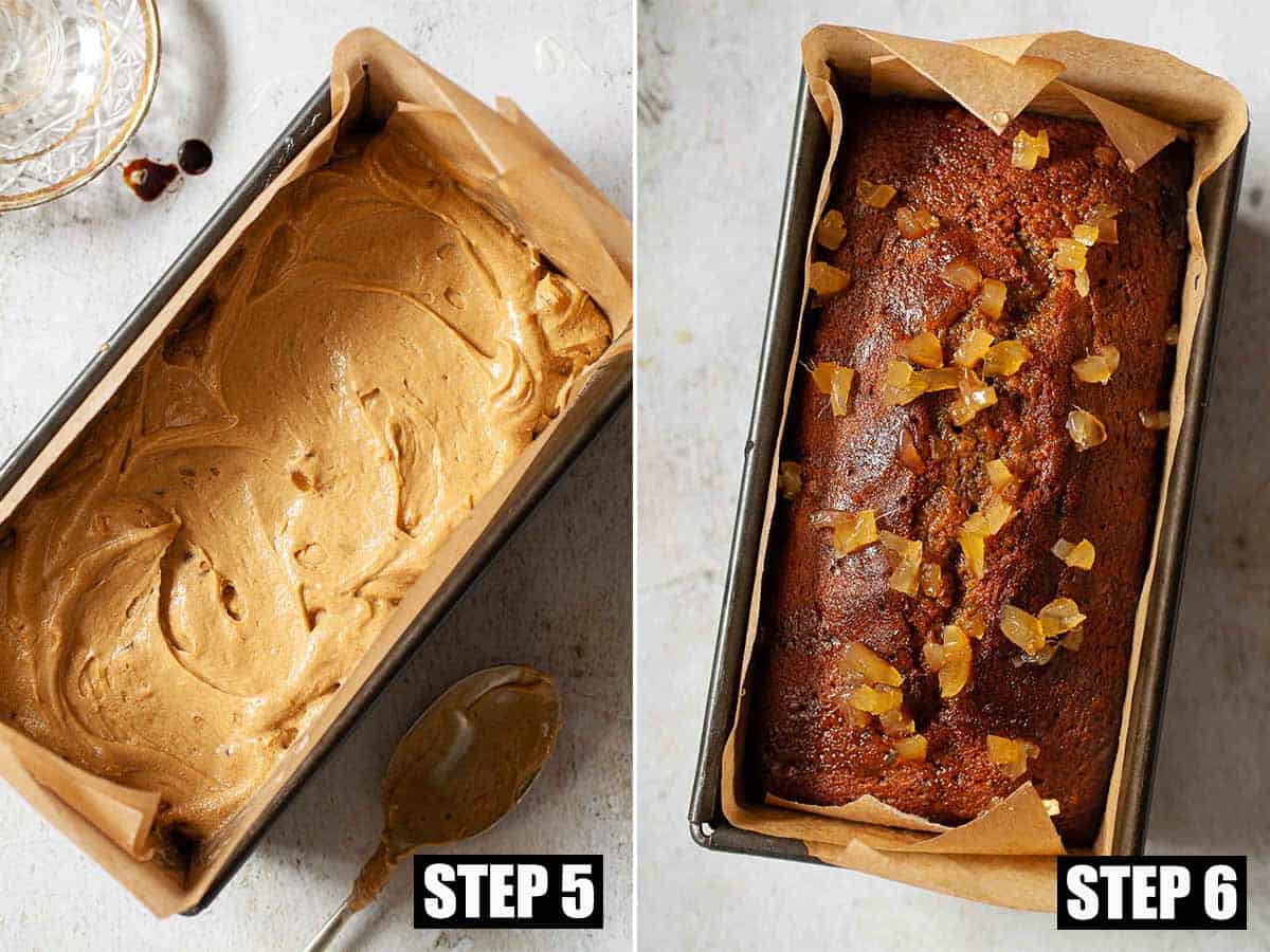 A loaf cake in the tin pre and post baking.