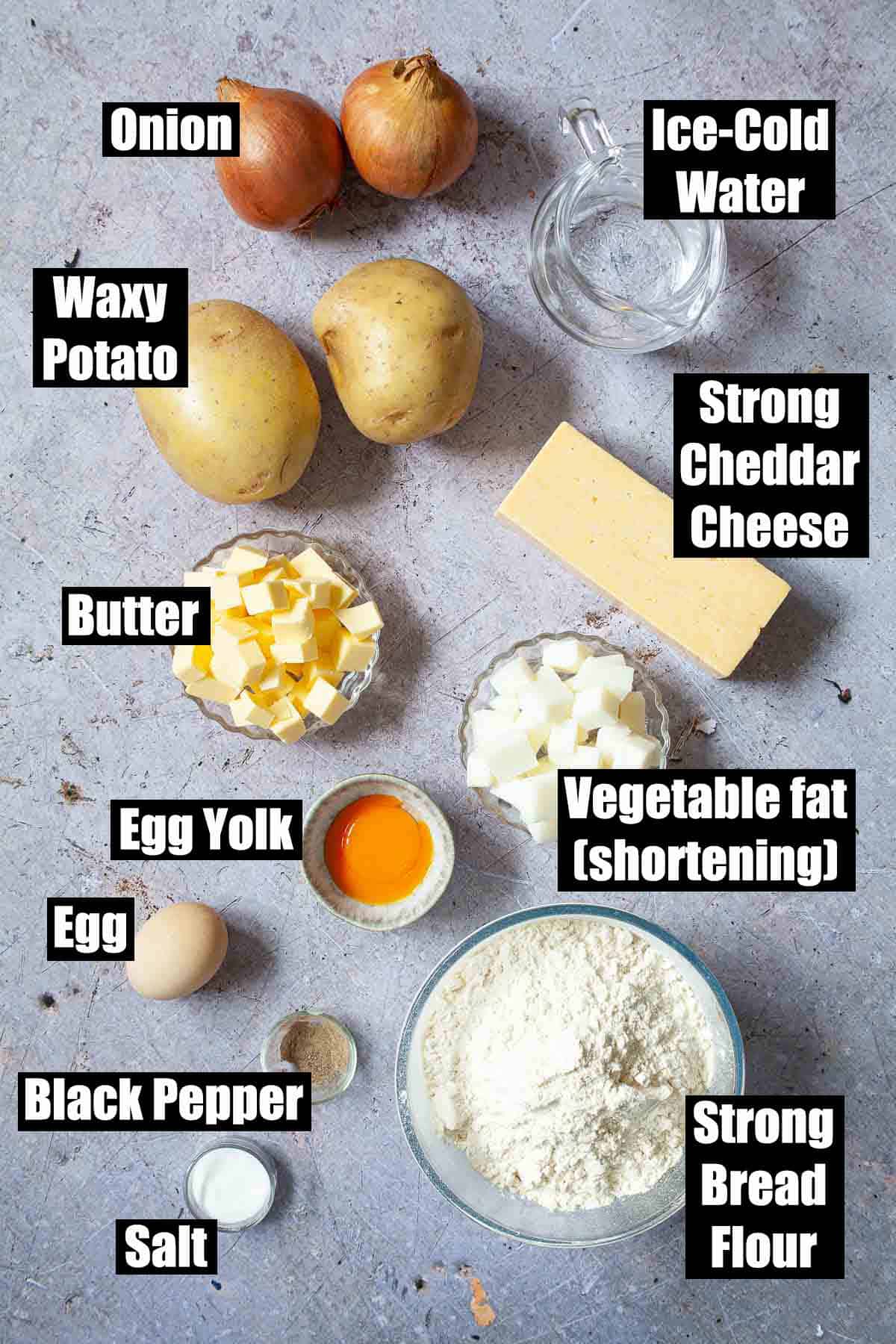 Labelled ingredients for a vegetarian Cornish pasty recipoe.