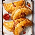 Four cheese and onion pasties on a baking sheet.