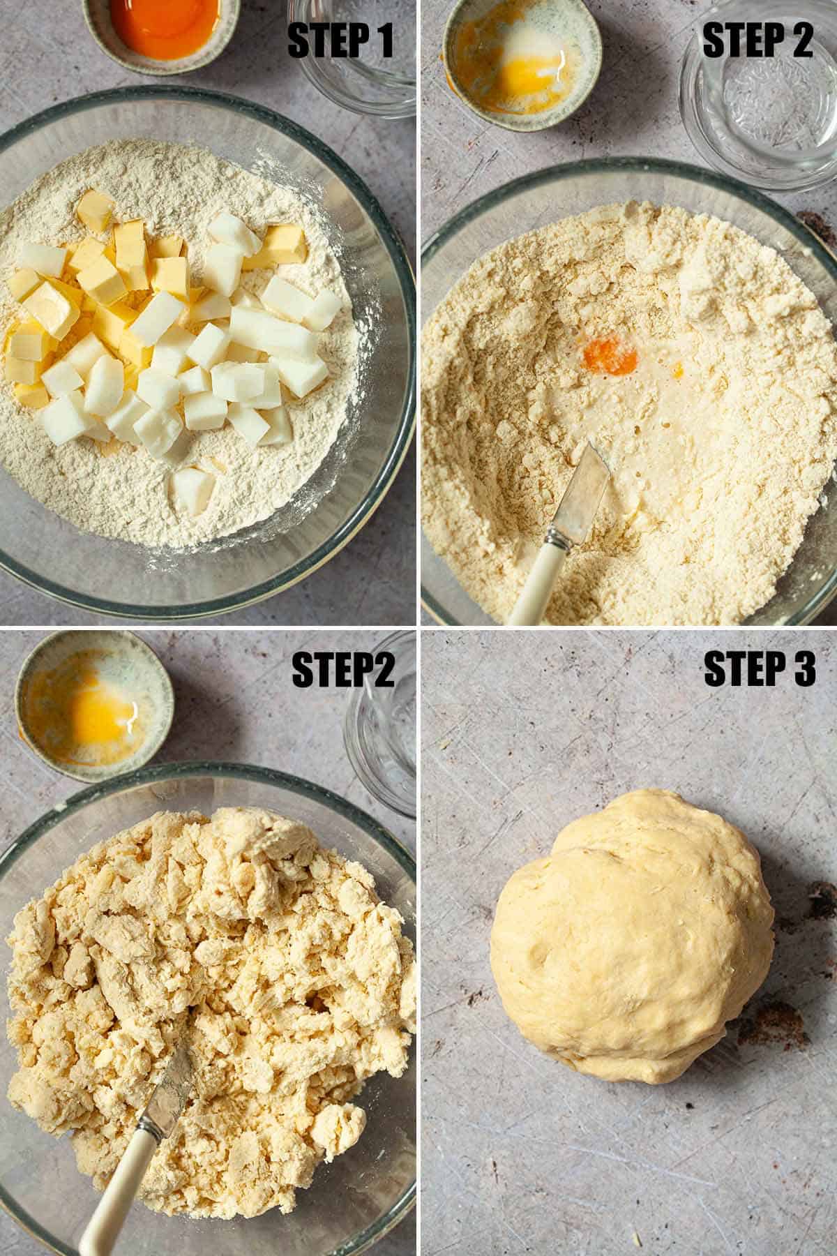 Collage of images showing shortcrust pastry being made from strong bread flour.