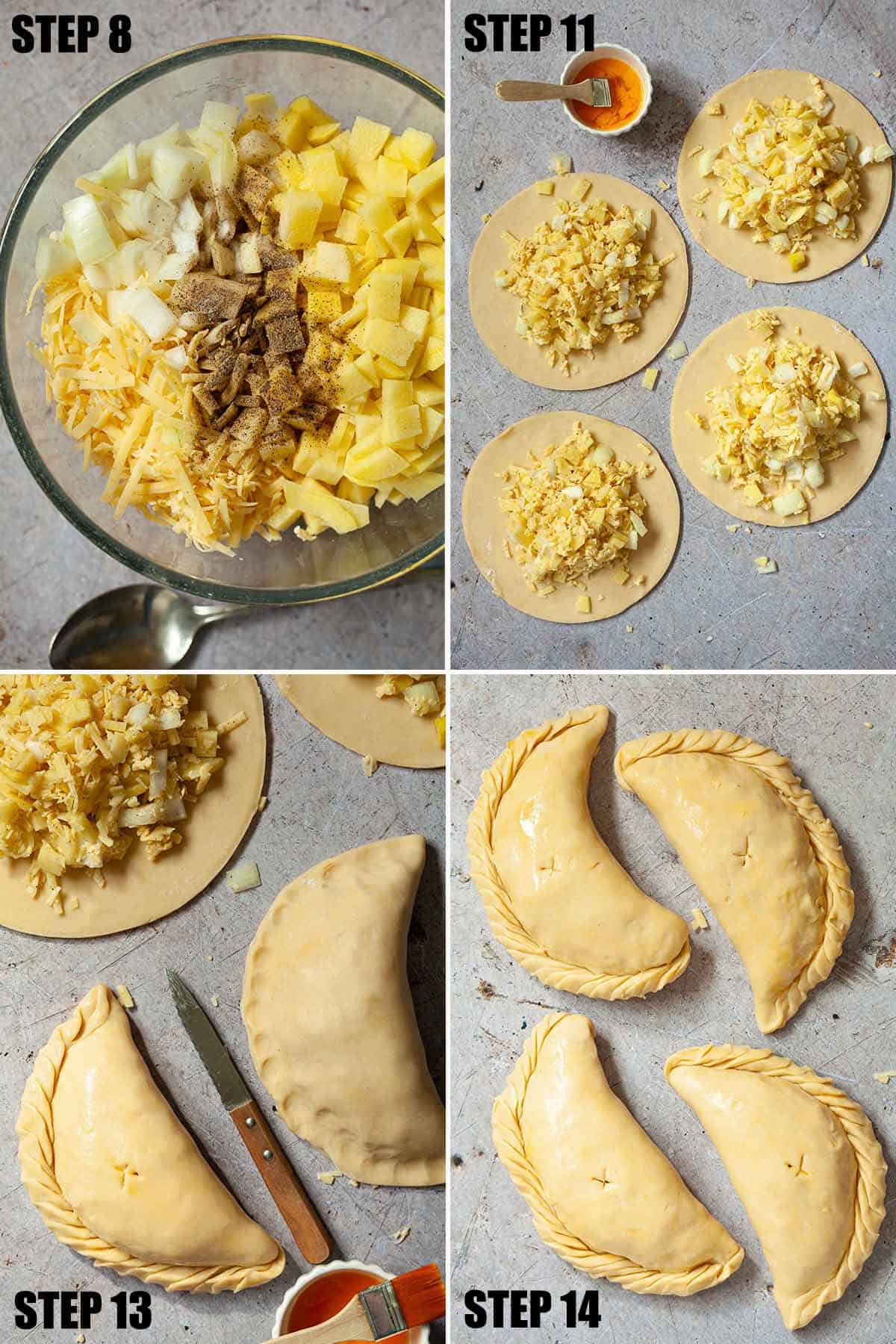 Collage of images showing a vegetarian pasty recipe being made.