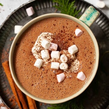 Close up of a mug of cinnamon hot chocolate with cream and marshmallows.
