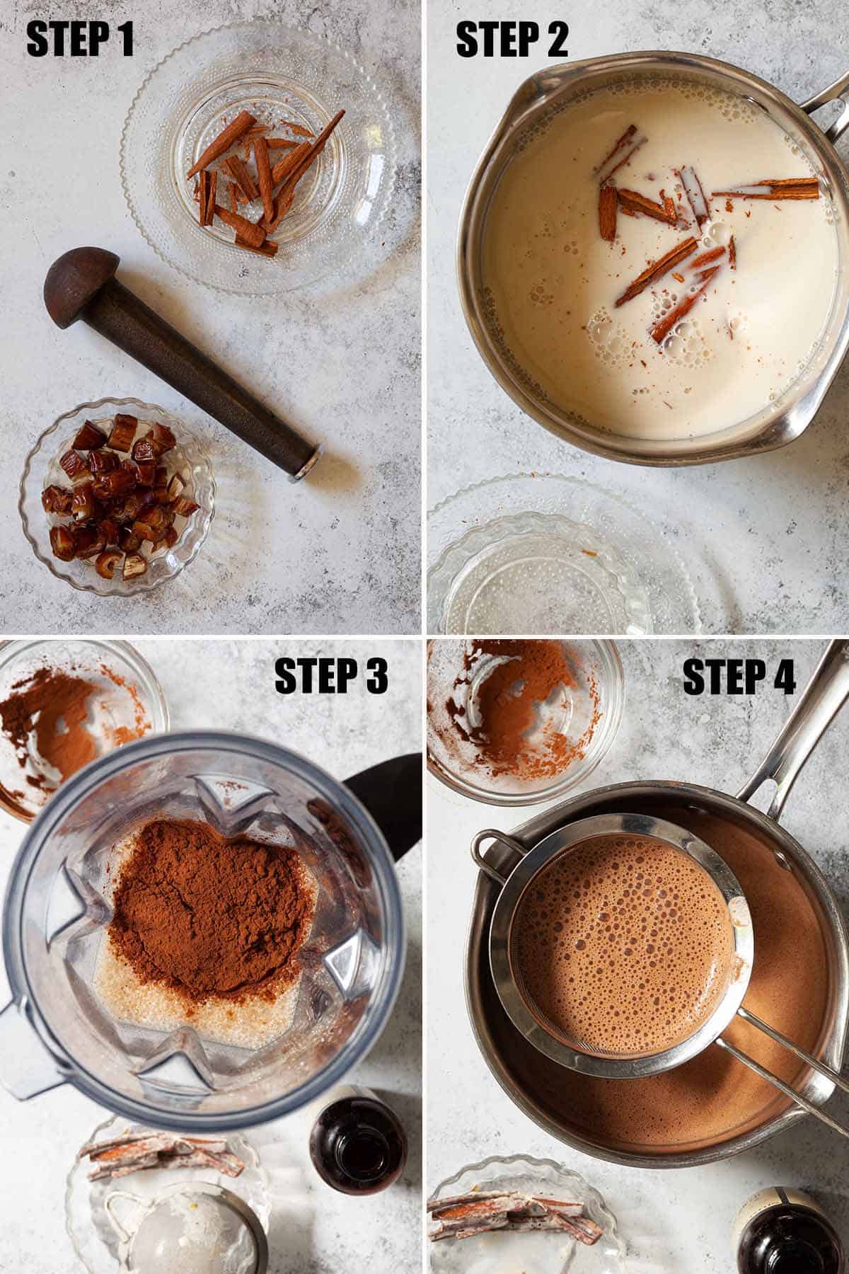 Collage of images showing a healthy cocoa drink being made.