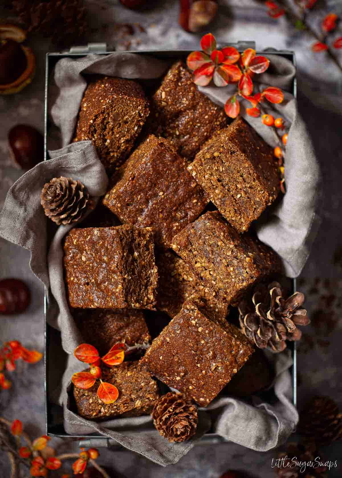 Derbyshire Thor cake (Thar cake) cut into squares and presented in a tin.