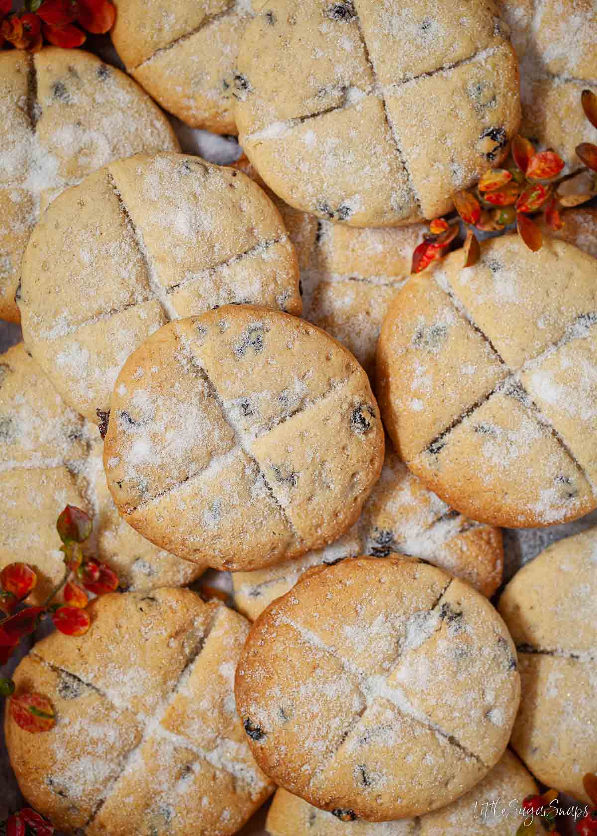 Close up of Shropshire soul cakes with autumn foliage.