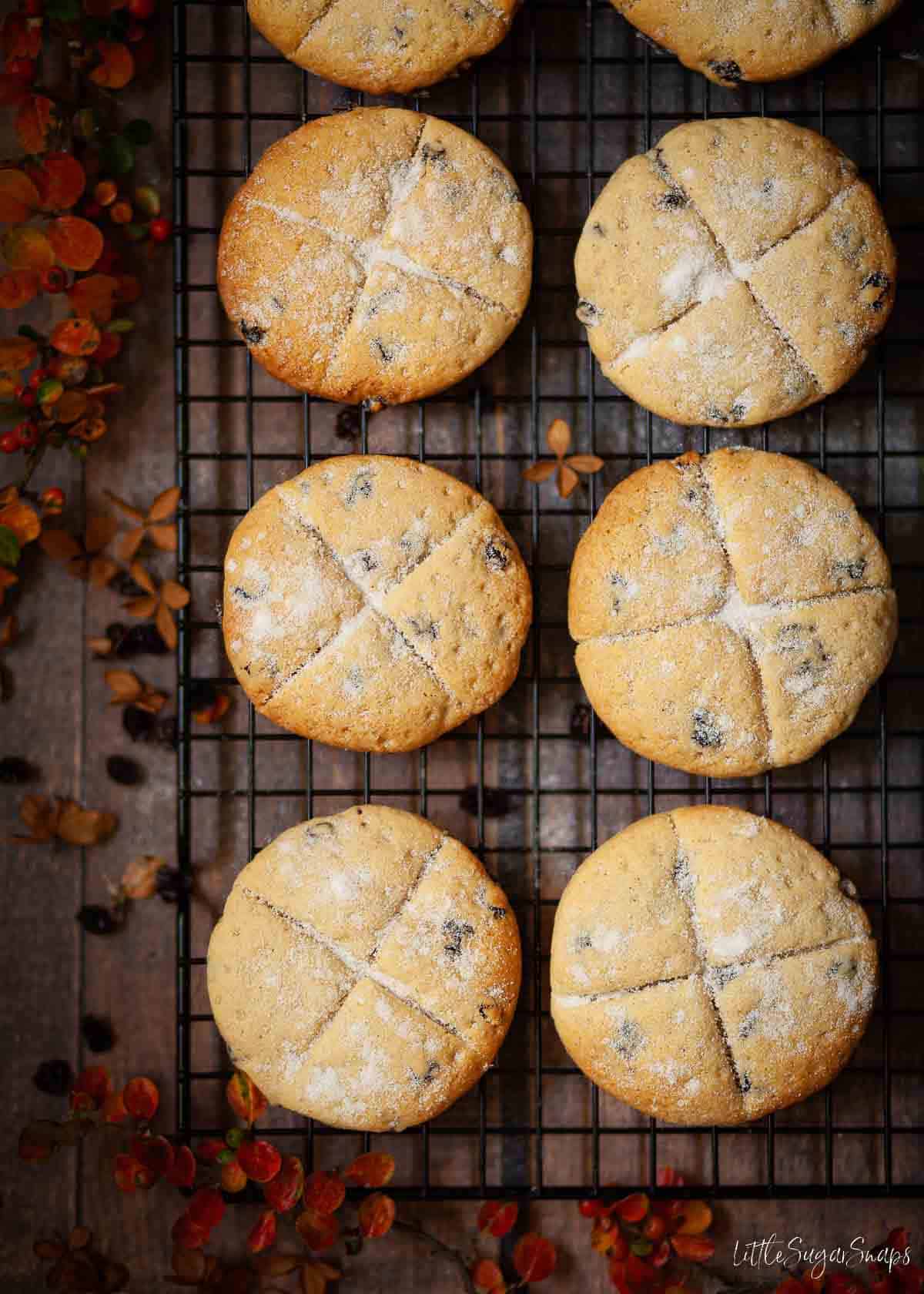 Six all souls day soul cakes on a wire rack.