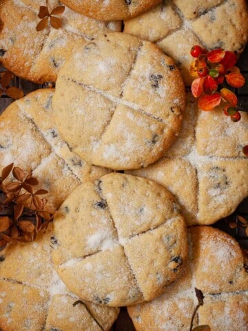 Soul cakes with autumn foliage.