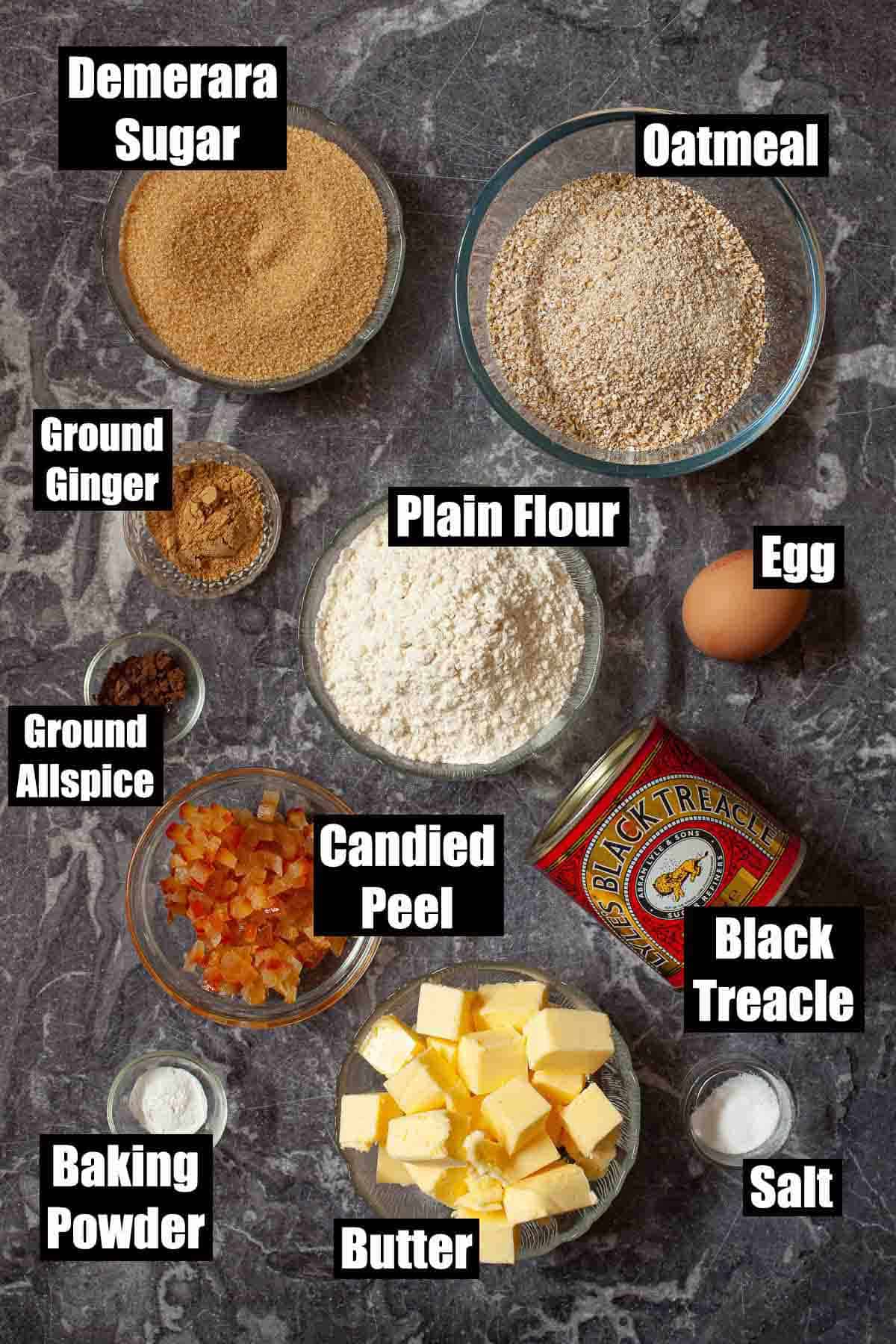 Labelled ingredients for black treacle thor cake.