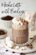 Labelled image of a hot Baileys drink with coffee and chocolate with cream and marshmallows.